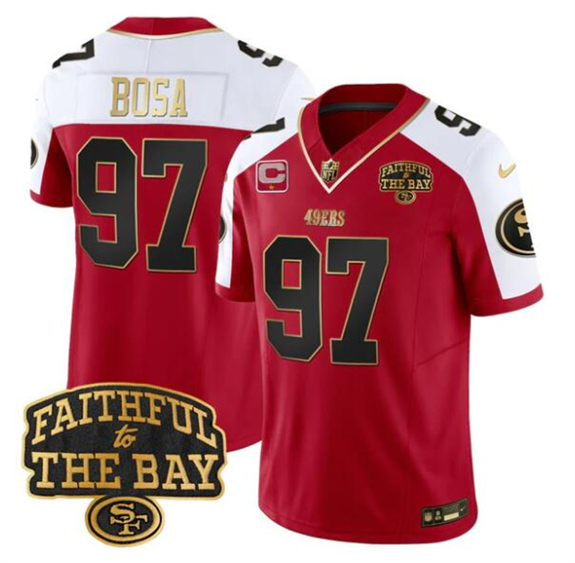 San Francisco 49ers #97 Nick Bosa Red Alternate 2025 F.U.S.E. 1-Star C With Faithful To The Bay Patch Limited V8 Football Stitched Jersey San Francisco 49ers #97 Nick Bosa Red Alternate 2025 F.U.S.E. 1-Star C With Faithful To The Bay Patch Limited V8 Football Stitched Jersey
