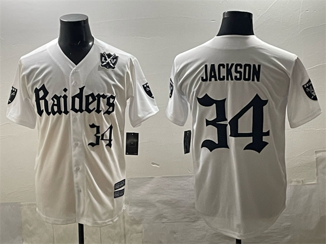 Las Vegas Raiders #34 Bo Jackson White 'Gothic Sin City Shadows Edition' With 65th Anniversary Patch Vapor Limited Stitched Baseball Jersey Las Vegas Raiders #34 Bo Jackson White 'Gothic Sin City Shadows Edition' With 65th Anniversary Patch Vapor Limited Stitched Baseball Jersey