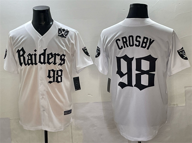 Las Vegas Raiders #98 Maxx Crosby White 'Gothic Sin City Shadows Edition' With 65th Anniversary Patch Vapor Limited Stitched Baseball Jersey Las Vegas Raiders #98 Maxx Crosby White 'Gothic Sin City Shadows Edition' With 65th Anniversary Patch Vapor Limited Stitched Baseball Jersey