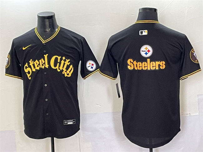 Pittsburgh Steelers Team Big Logo Black 412 Patch Vapor Premier Limited Stitched Baseball Jersey Pittsburgh Steelers Team Big Logo Black 412 Patch Vapor Premier Limited Stitched Baseball Jersey