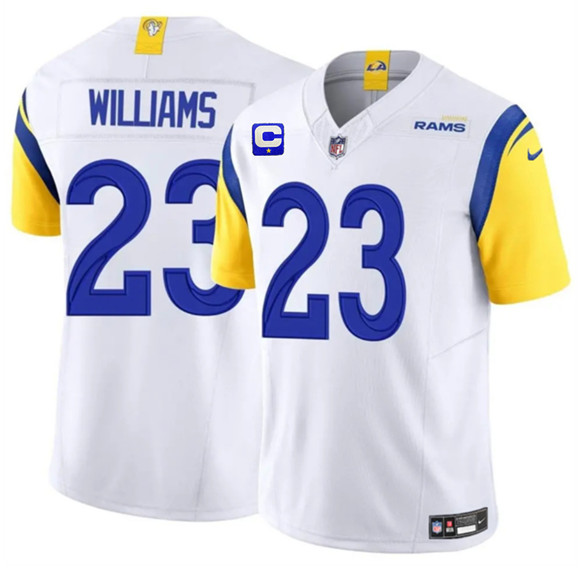 Los Angeles Rams #23 Kyren Williams White 2025 F.U.S.E. With 1-Star C Patch Vapor Untouchable Football Stitched Jersey Los Angeles Rams #23 Kyren Williams White 2025 F.U.S.E. With 1-Star C Patch Vapor Untouchable Football Stitched Jersey