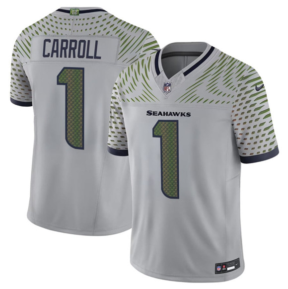 Seattle Seahawks #1 Pete Carroll Gray 2025 F.U.S.E. "Rivalries" Vapor Untouchable Limited Football Stitched Jersey Seattle Seahawks #1 Pete Carroll Gray 2025 F.U.S.E. "Rivalries" Vapor Untouchable Limited Football Stitched Jersey