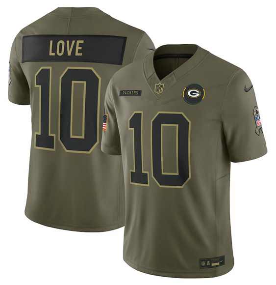 Green Bay Packers #10 Jordan Love Olive 2025 Salute to Service Limited Football Stitched Jersey  Green Bay Packers #10 Jordan Love Olive 2025 Salute to Service Limited Football Stitched Jersey