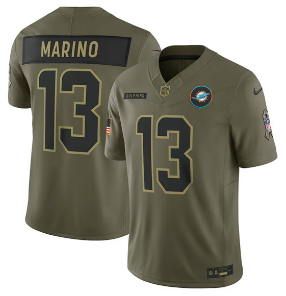 Miami Dolphins #13 Dan Marino Olive 2025 Salute to Service Limited Football Stitched Jersey Miami Dolphins #13 Dan Marino Olive 2025 Salute to Service Limited Football Stitched Jersey