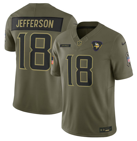 Minnesota Vikings #18 Justin Jefferson Olive 2025 Salute to Service Limited Football Stitched Jersey Minnesota Vikings #18 Justin Jefferson Olive 2025 Salute to Service Limited Football Stitched Jersey