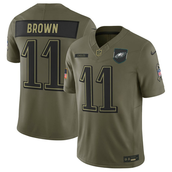 Philadelphia Eagles #11 A.J. Brown Olive 2025 Salute to Service Limited Football Stitched Jersey Philadelphia Eagles #11 A.J. Brown Olive 2025 Salute to Service Limited Football Stitched Jersey