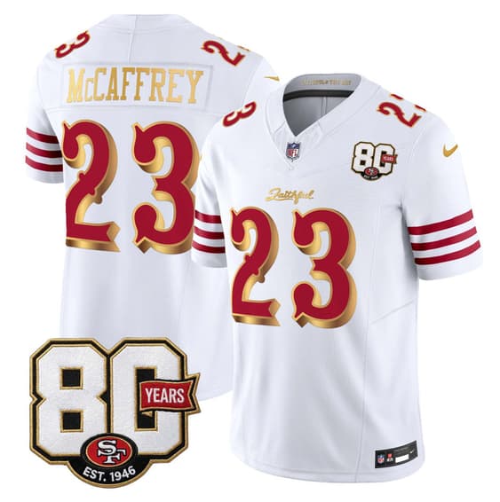 San Francisco 49ers #23 Christian McCaffrey White Gold 80th Anniversary Patch 'Rivalries' 2026 F.U.S.E. Vapor Untouchable Limited Football Stitched Jersey San Francisco 49ers #23 Christian McCaffrey White Gold 80th Anniversary Patch 'Rivalries' 2026 F.U.S.E. Vapor Untouchable Limited Football Stitched Jersey
