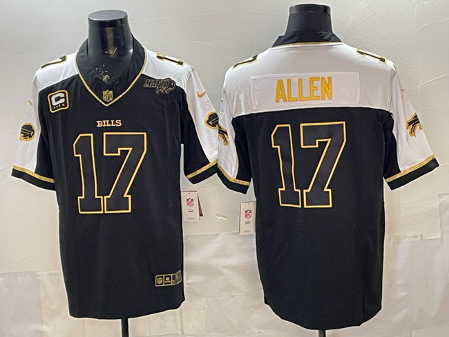 Buffalo Bills #17 Josh Allen Black Gold 2025 F.U.S.E. With Bills Mafia Patch & 4-Star C Patch Vapor Limited Football Stitched Jersey Buffalo Bills #17 Josh Allen Black Gold 2025 F.U.S.E. With Bills Mafia Patch & 4-Star C Patch Vapor Limited Football Stitched Jersey