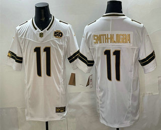 Seattle Seahawks #11 Jaxon Smith-Njigba White Gold 2025 FUSE 50th Season Patch Limited Stitched Jersey Seattle Seahawks #11 Jaxon Smith-Njigba White Gold 2025 FUSE 50th Season Patch Limited Stitched Jersey