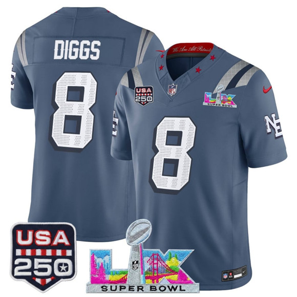 New England Patriots #8 Stefon Diggs Storm Blue 2025 F.U.S.E. Super Bowl LX & USA 250' Patch ??Rivalries?? Vapor Limited Football Stitched Jersey New England Patriots #8 Stefon Diggs Storm Blue 2025 F.U.S.E. Super Bowl LX & USA 250' Patch ??Rivalries?? Vapor Limited Football Stitched Jersey