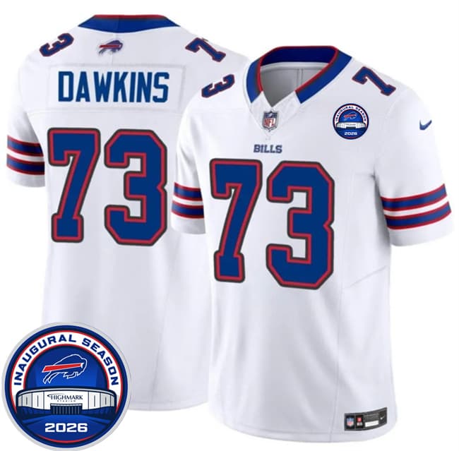 Buffalo Bills #73 Dion Dawkins White F.U.S.E. 2026 Inaugural Season at Highmark Stadium Football Stitched Jersey Buffalo Bills #73 Dion Dawkins White F.U.S.E. 2026 Inaugural Season at Highmark Stadium Football Stitched Jersey