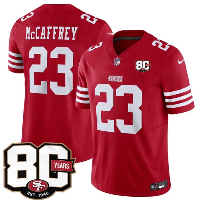 San Francisco 49ers #23 Christian McCaffrey Red 80th Anniversary Patch 2026 F.U.S.E. Vapor Untouchable Limited Football Stitched Jersey San Francisco 49ers #23 Christian McCaffrey Red 80th Anniversary Patch 2026 F.U.S.E. Vapor Untouchable Limited Football Stitched Jersey