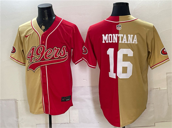 San Francisco 49ers #16 Joe Montana Gold Red Split Stitched Jersey San Francisco 49ers #16 Joe Montana Gold Red Split Stitched Jersey