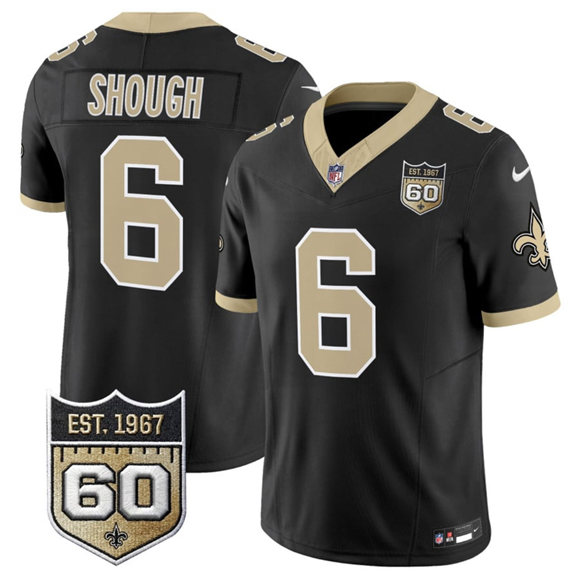 New Orleans Saints #6 Tyler Shough Black 2026 F.U.S.E 60th Anniversary Patch Vapor Limited Football Stitched Jersey New Orleans Saints #6 Tyler Shough Black 2026 F.U.S.E 60th Anniversary Patch Vapor Limited Football Stitched Jersey