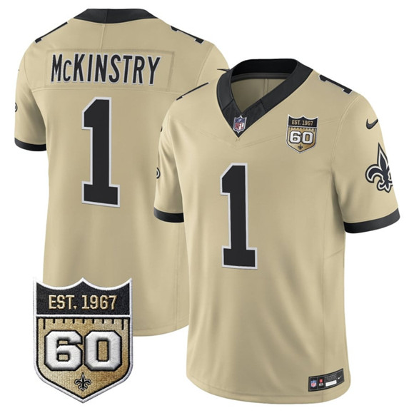 New Orleans Saints #1 Kool-Aid McKinstry Gold 2026 F.U.S.E 60th Anniversary Patch Vapor Limited Football Stitched Jersey New Orleans Saints #1 Kool-Aid McKinstry Gold 2026 F.U.S.E 60th Anniversary Patch Vapor Limited Football Stitched Jersey