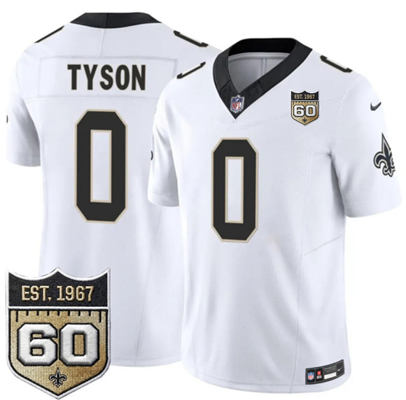 New Orleans Saints #0 Jordyn Tyson White 2026 F.U.S.E 60th Anniversary Patch Vapor Limited Football Stitched Jersey New Orleans Saints #0 Jordyn Tyson White 2026 F.U.S.E 60th Anniversary Patch Vapor Limited Football Stitched Jersey