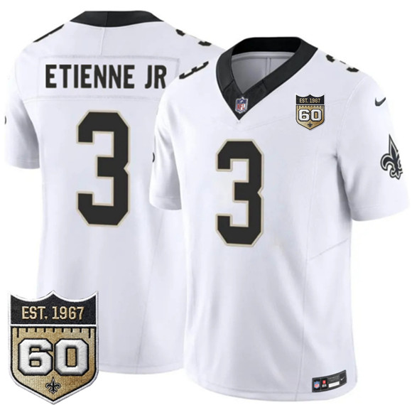 New Orleans Saints #3 Travis Etienne Jr White 2026 F.U.S.E 60th Anniversary Patch Vapor Limited Football Stitched Jersey New Orleans Saints #3 Travis Etienne Jr White 2026 F.U.S.E 60th Anniversary Patch Vapor Limited Football Stitched Jersey