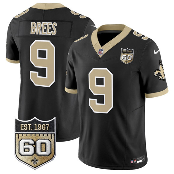 New Orleans Saints #9 Drew Brees Black 2026 F.U.S.E 60th Anniversary Patch Vapor Limited Football Stitched Jersey New Orleans Saints #9 Drew Brees Black 2026 F.U.S.E 60th Anniversary Patch Vapor Limited Football Stitched Jersey