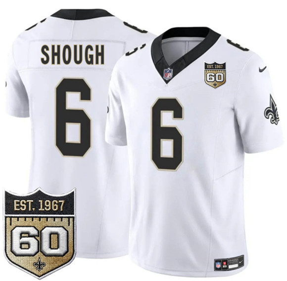 New Orleans Saints #6 Tyler Shough White 2026 F.U.S.E 60th Anniversary Patch Vapor Limited Football Stitched Jersey New Orleans Saints #6 Tyler Shough White 2026 F.U.S.E 60th Anniversary Patch Vapor Limited Football Stitched Jersey