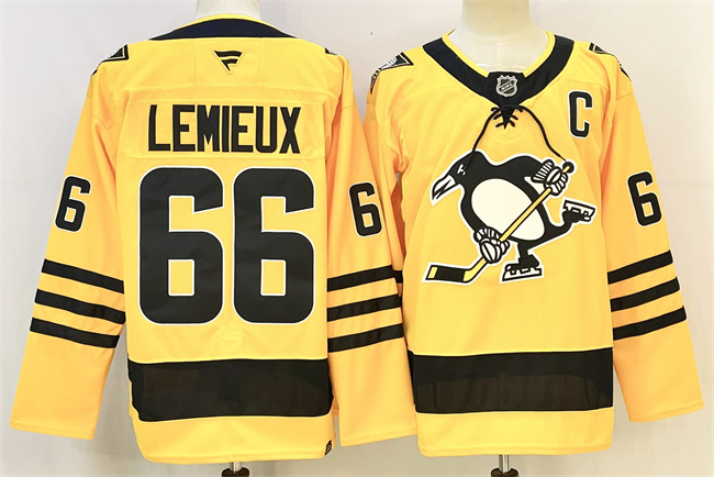 Pittsburgh Penguins #66 Mario Lemieux Gold 2025-26 With C Patch Alternate Stitched Hockey Jersey Pittsburgh Penguins #66 Mario Lemieux Gold 2025-26 With C Patch Alternate Stitched Hockey Jersey