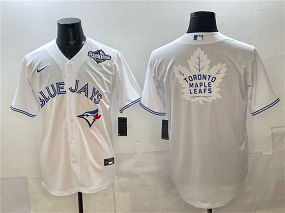 Toronto Blue Jays & Leafs White 2025 World Series With White Leafs Logo Cool Base Stitched Baseball Jersey Toronto Blue Jays & Leafs White 2025 World Series With White Leafs Logo Cool Base Stitched Baseball Jersey