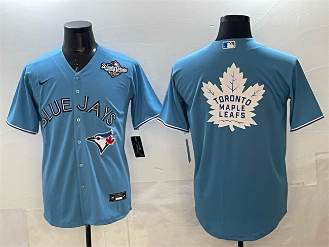 Toronto Blue Jays & Leafs Blue 2025 World Series With White Leafs Logo Cool Base Stitched Baseball Jersey Toronto Blue Jays & Leafs Blue 2025 World Series With White Leafs Logo Cool Base Stitched Baseball Jersey