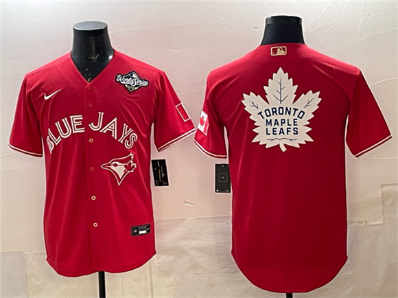 Toronto Blue Jays & Leafs Red 2025 World Series With White Leafs Logo Cool Base Stitched Baseball Jersey Toronto Blue Jays & Leafs Red 2025 World Series With White Leafs Logo Cool Base Stitched Baseball Jersey