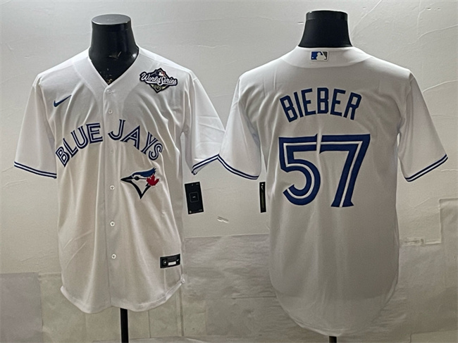 Toronto Blue Jays #57 Shane Bieber White 2025 World Series Home Cool Base Stitched Baseball Jersey Toronto Blue Jays #57 Shane Bieber White 2025 World Series Home Cool Base Stitched Baseball Jersey