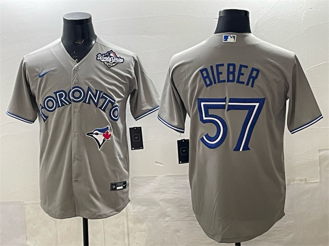Toronto Blue Jays #57 Shane Bieber Grey 2025 World Series Cool Base Stitched Baseball Jersey Toronto Blue Jays #57 Shane Bieber Grey 2025 World Series Cool Base Stitched Baseball Jersey