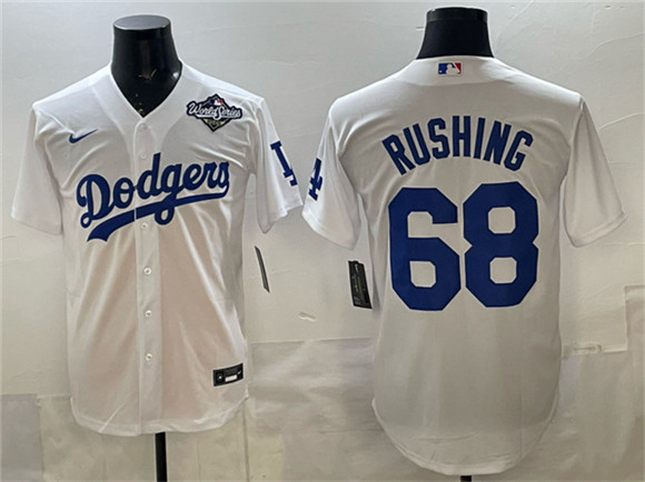 Los Angeles Dodgers #68 Dalton Rushing White 2025 World Series Patch Cool Base Stitched Baseball Jersey