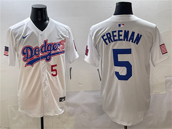 Los Angeles Dodgers #5 Freddie Freeman White With American Flag Patch Limited Stitched Baseball Jersey