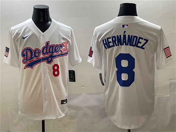 Los Angeles Dodgers #8 Enrique Hern??ndez White With American Flag Patch Limited Stitched Baseball Jersey
