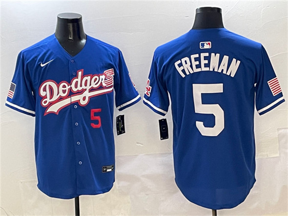 Los Angeles Dodgers #5 Freddie Freeman Royal With American Flag Patch Limited Stitched Baseball Jersey