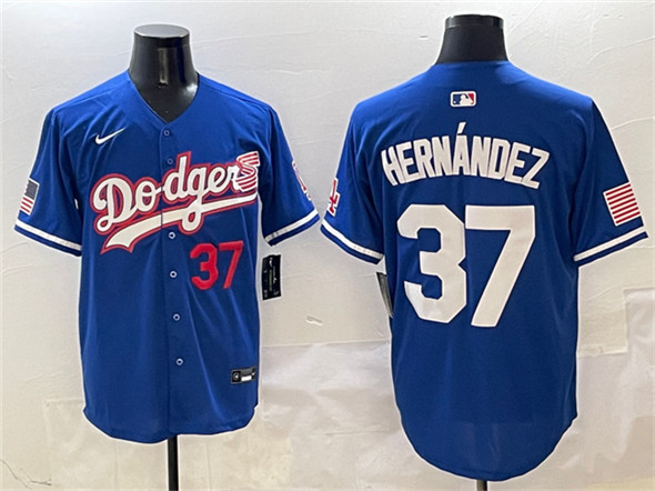 Los Angeles Dodgers #37 Teoscar Hern??ndez Royal With American Flag Patch Limited Stitched Baseball Jersey