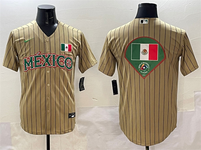Mexico Baseball Tan 2023 World Baseball Classic Team Big Logo Stitched Jerseys