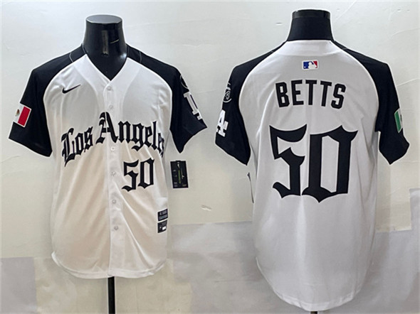 Los Angeles Dodgers #50 Mookie Betts White Black Mexico 2025 LA Gothic Style With Fernando Patch Vapor Premier Limited Stitched Baseball Jersey