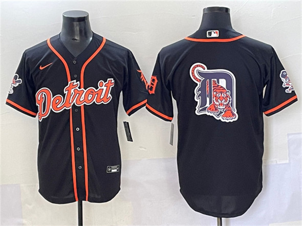 Detroit Tigers Team Big Logo Black With Patch Cool Base Stitched Baseball Jersey