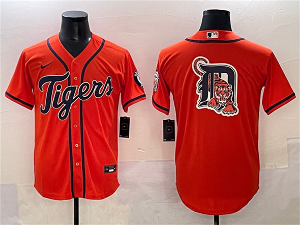 Detroit Tigers Team Big Logo Orange With Patch Cool Base Stitched Baseball Jersey