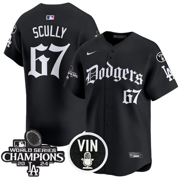 Los Angeles Dodgers #67 Vin Scully Black Mexico 2025 LA Gothic Style With Vin And 2024 World Series Champions Patch Vapor Premier Limited Stitched Baseball Jersey