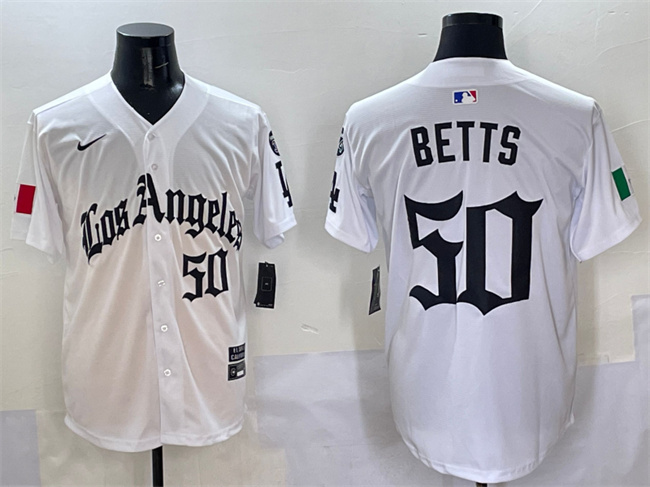 Los Angeles Dodgers #50 Mookie Betts White Mexico 2025 LA Gothic Style With Fernando Patch Vapor Premier Limited Stitched Baseball Jersey