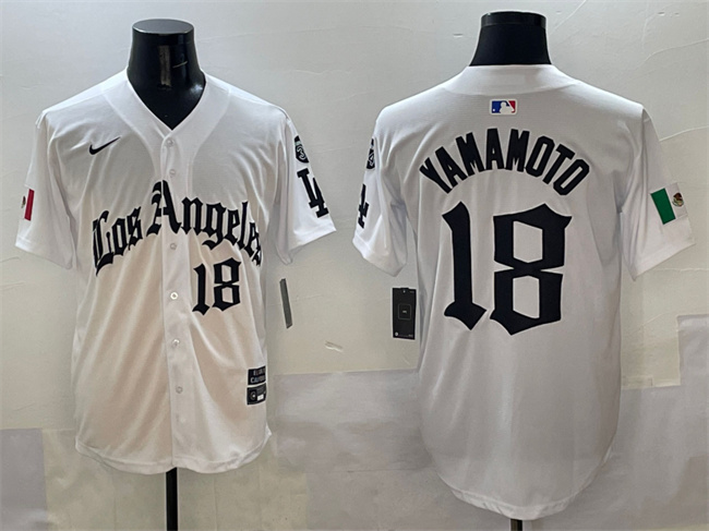Los Angeles Dodgers #18 Yoshinobu Yamamoto White Mexico 2025 LA Gothic Style With Fernando Patch Vapor Premier Limited Stitched Baseball Jersey