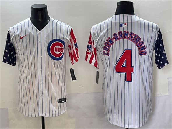 Chicago Cubs #4 Pete Crow-Armstrong White Pinstripe 2025 Independence Day Vapor Premier Limited Stitched Baseball Jersey