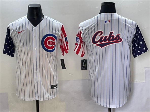 Chicago Cubs Team Big Logo White Pinstripe 2025 Independence Day Vapor Premier Limited Stitched Baseball Jersey