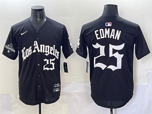 Los Angeles Dodgers #25 Tommy Edman Black Mexico 2025 LA Gothic Style With 2024 World Series Champions Patch Vapor Premier Limited Stitched Baseball Jersey