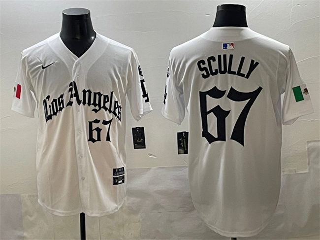 Los Angeles Dodgers #67 Vin Scully White Mexico 2025 LA Gothic Style With Fernando Patch Vapor Premier Limited Stitched Baseball Jersey