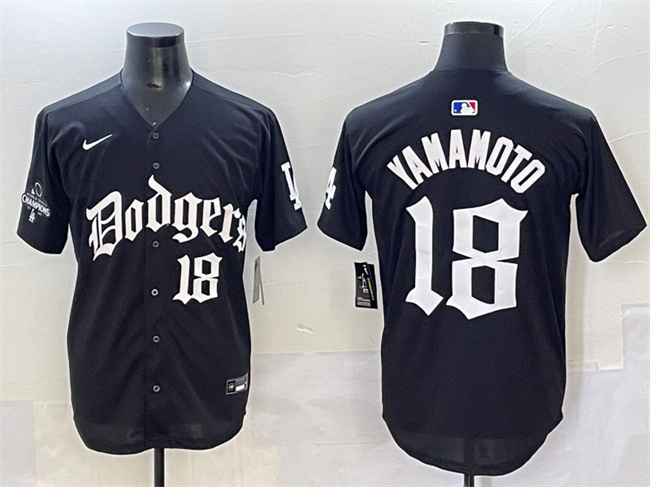 Los Angeles Dodgers #18 Yoshinobu Yamamoto Black 2025 LA Gothic Style With 2024 World Series Champions Patch Vapor Premier Limited Stitched Baseball Jersey