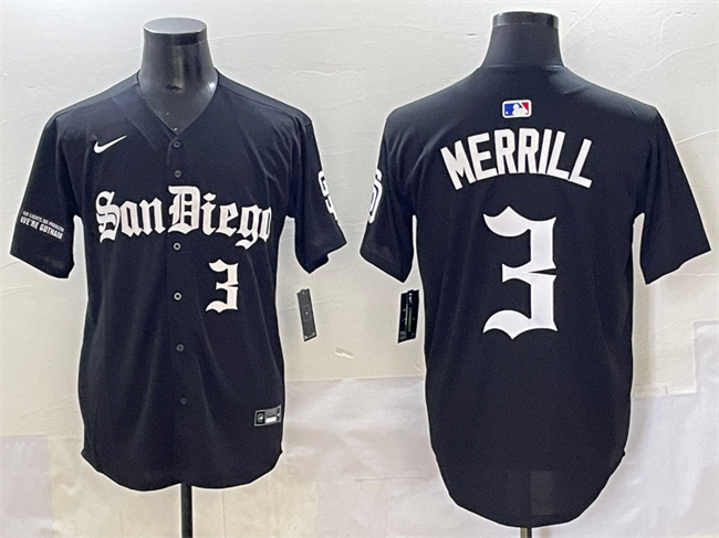 San Diego Padres #3 Jackson Merrill Black Gothic Edition Vapor Limited Stitched Baseball Jersey