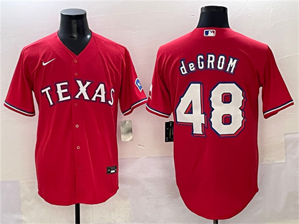 Texas Rangers #48 Jacob deGrom Red With Patch Cool Base Stitched Baseball Jersey