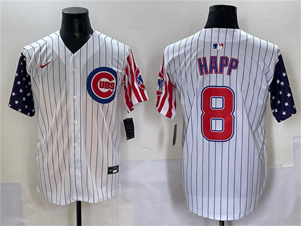 Chicago Cubs #8 Ian Happ White Pinstripe 2025 Independence Day Vapor Premier Limited Stitched Baseball Jersey