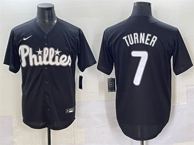 Philadelphia Phillies #7 Trea Turner Black Lights Out Limited Stitched Baseball Jersey
